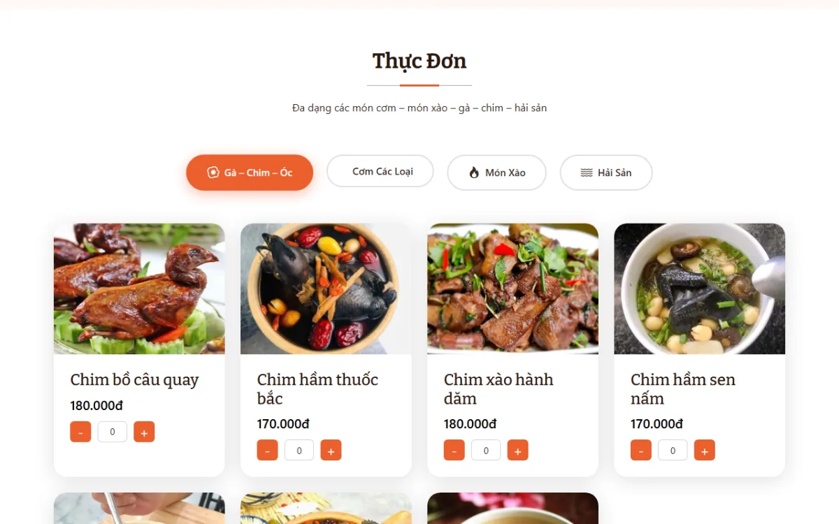 Giao diện thực đơn của website Cơm Đảo – Chim Quay – Gà Tần 24 Tống Duy Tân