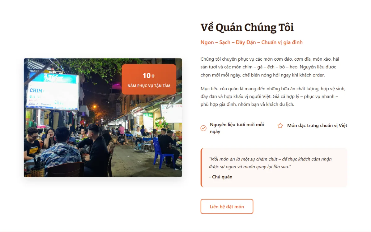 Giao diện về quán chúng tôi của website Cơm Đảo – Chim Quay – Gà Tần 24 Tống Duy Tân