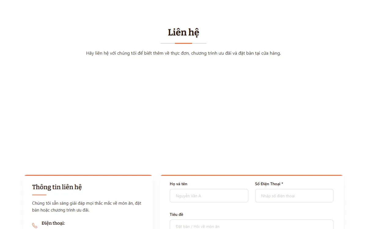 Giao diện liên hệ của website Cơm Đảo – Chim Quay – Gà Tần 24 Tống Duy Tân
