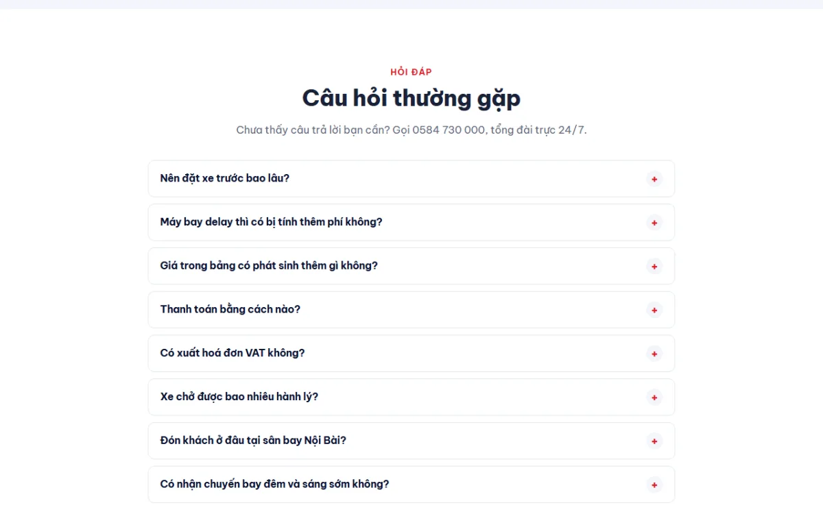 Giao diện câu hỏi thường gặp của website FAST CAR