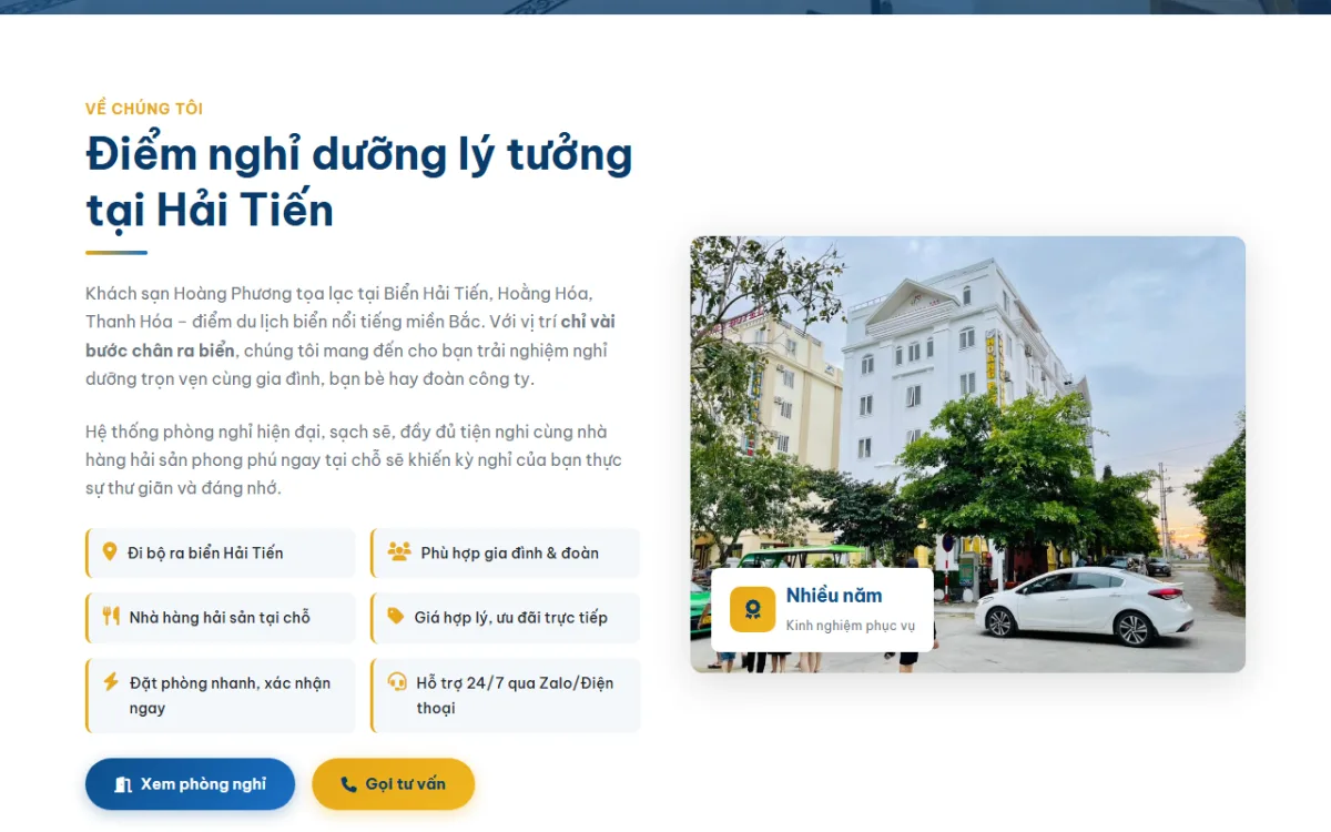 Giao diện điểm nghỉ dưỡng lý tưởng tại hải tiến của website Khách sạn Hoàng Phương