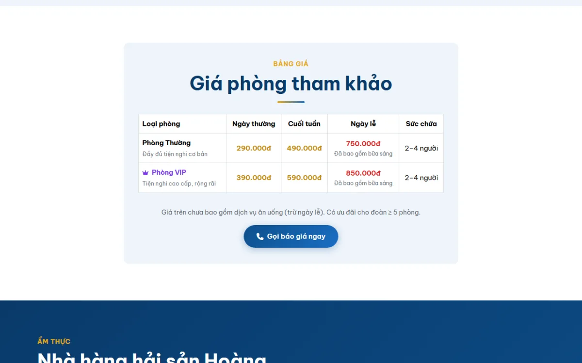 Giao diện giá phòng tham khảo của website Khách sạn Hoàng Phương