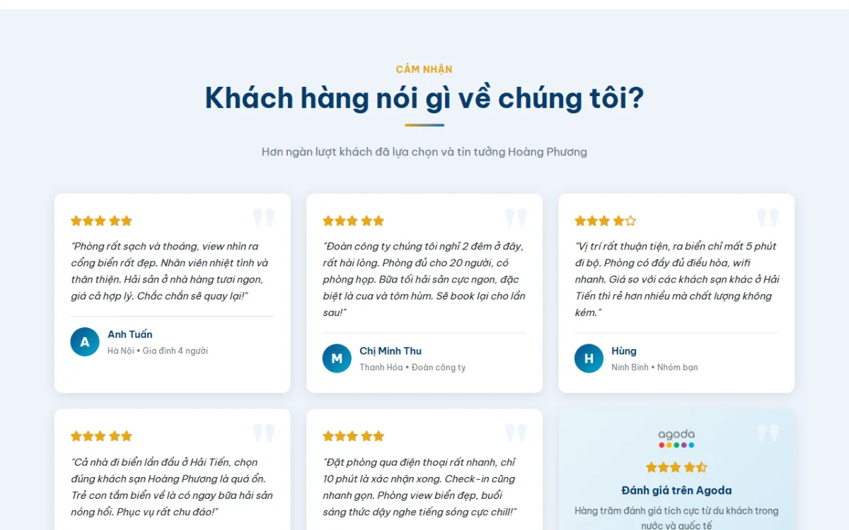 Giao diện khách hàng nói gì về chúng tôi? của website Khách sạn Hoàng Phương