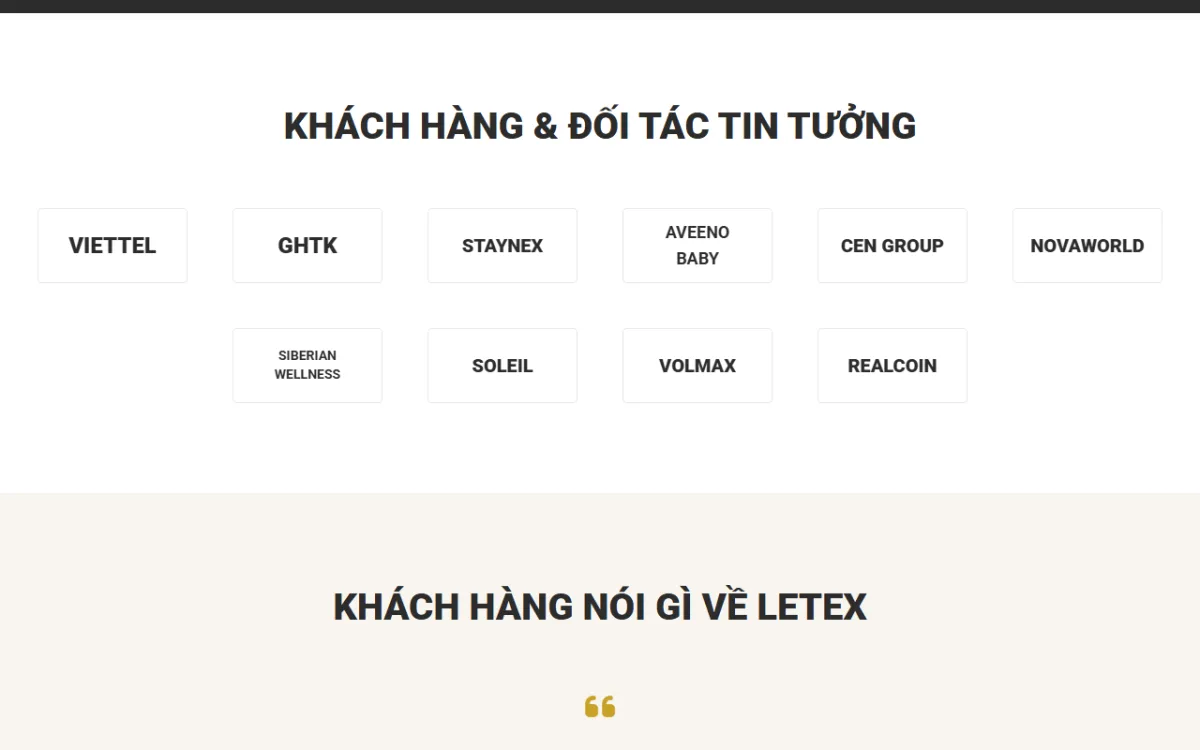 Giao diện khách hàng và đối tác tin tưởng của website Letex Agency