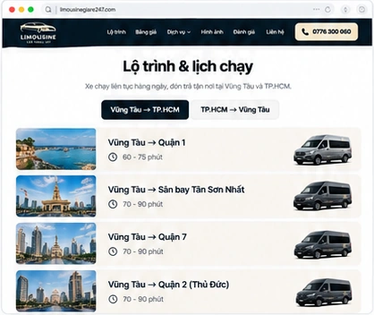 Lộ trình và lịch chạy trên website Limousine Car Travel 247