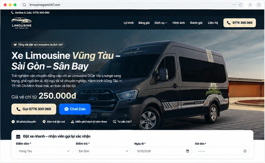 Giao diện trang chủ website Limousine Car Travel 247 trên máy tính
