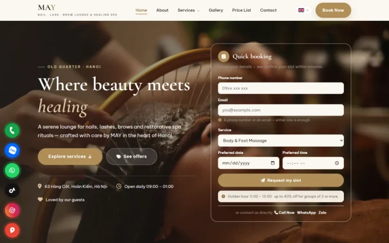 Giao diện máy tính website MAY Healing Spa
