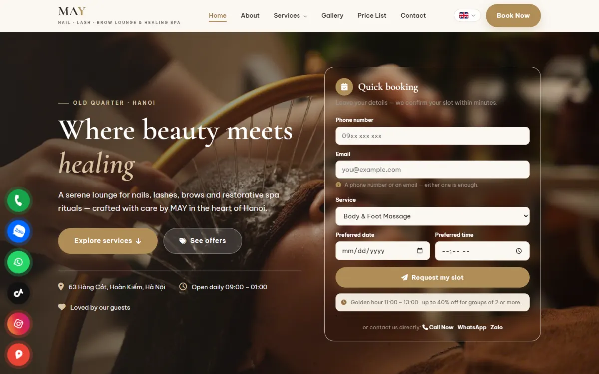 Giao diện trang chủ website MAY Healing Spa trên máy tính