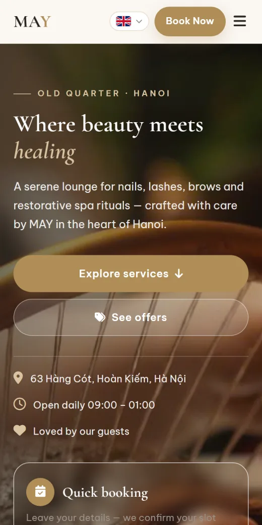 MAY Healing Spa trên điện thoại: trang chủ