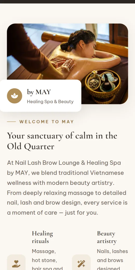 MAY Healing Spa trên điện thoại: không gian thư giãn