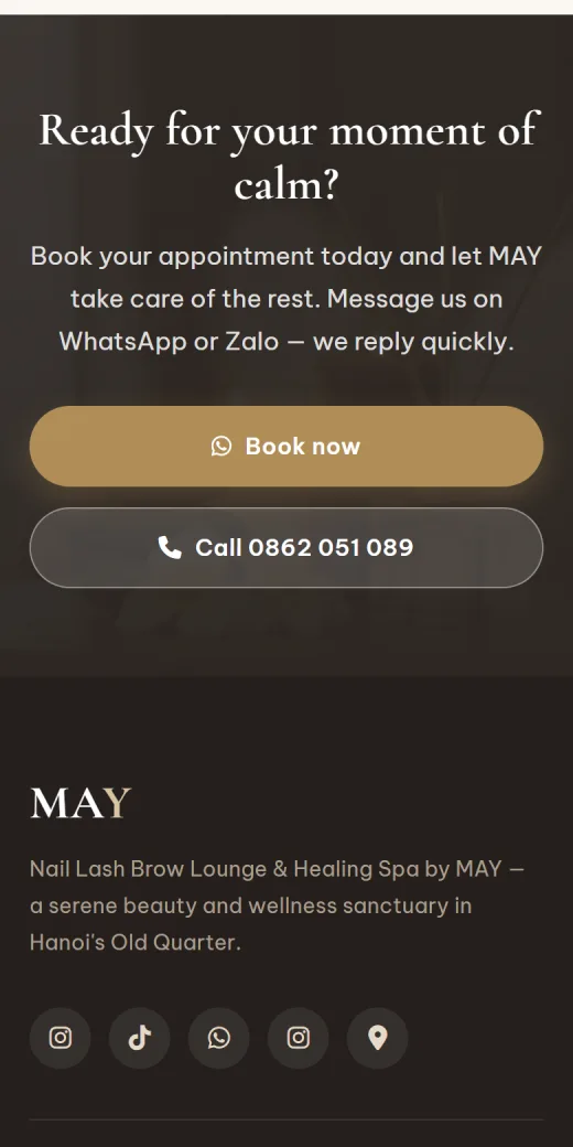MAY Healing Spa trên điện thoại: đặt lịch hẹn