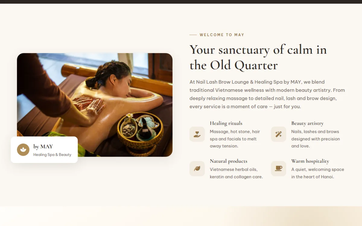 Giao diện không gian thư giãn giữa phố cổ của website MAY Healing Spa