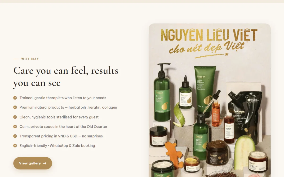 Giao diện chăm sóc cảm nhận được, kết quả nhìn thấy của website MAY Healing Spa