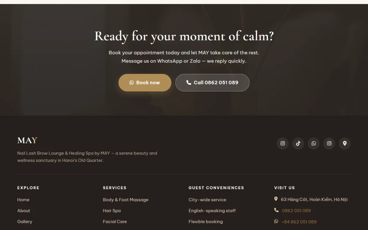 Giao diện đặt lịch thư giãn của website MAY Healing Spa
