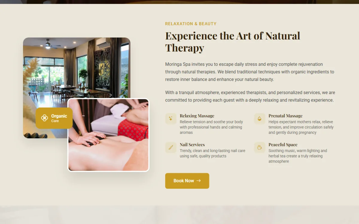 Giao diện giới thiệu liệu trình thư giãn tự nhiên của website Moringa Spa Đà Nẵng