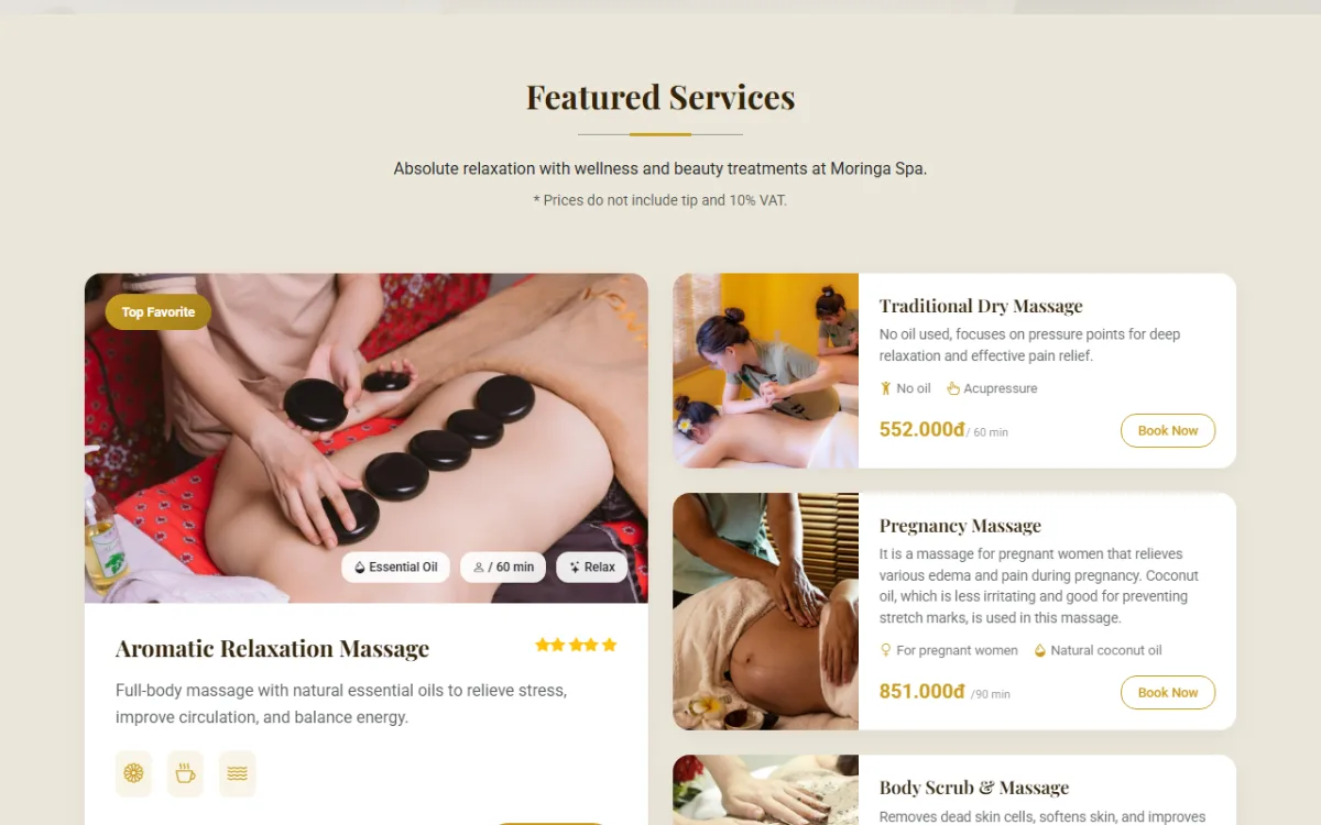 Giao diện dịch vụ nổi bật của website Moringa Spa Đà Nẵng