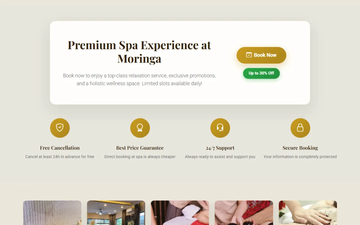 Giao diện trải nghiệm spa cao cấp của website Moringa Spa Đà Nẵng