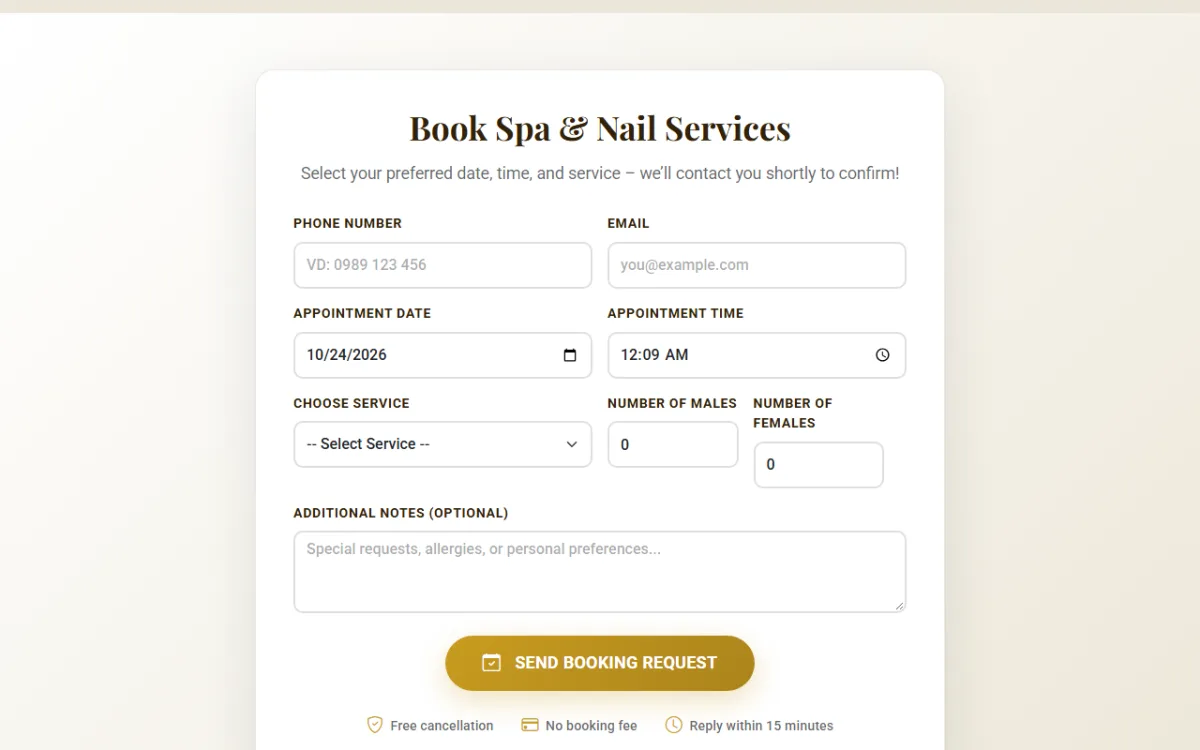 Giao diện đặt lịch spa và nail của website Moringa Spa Đà Nẵng
