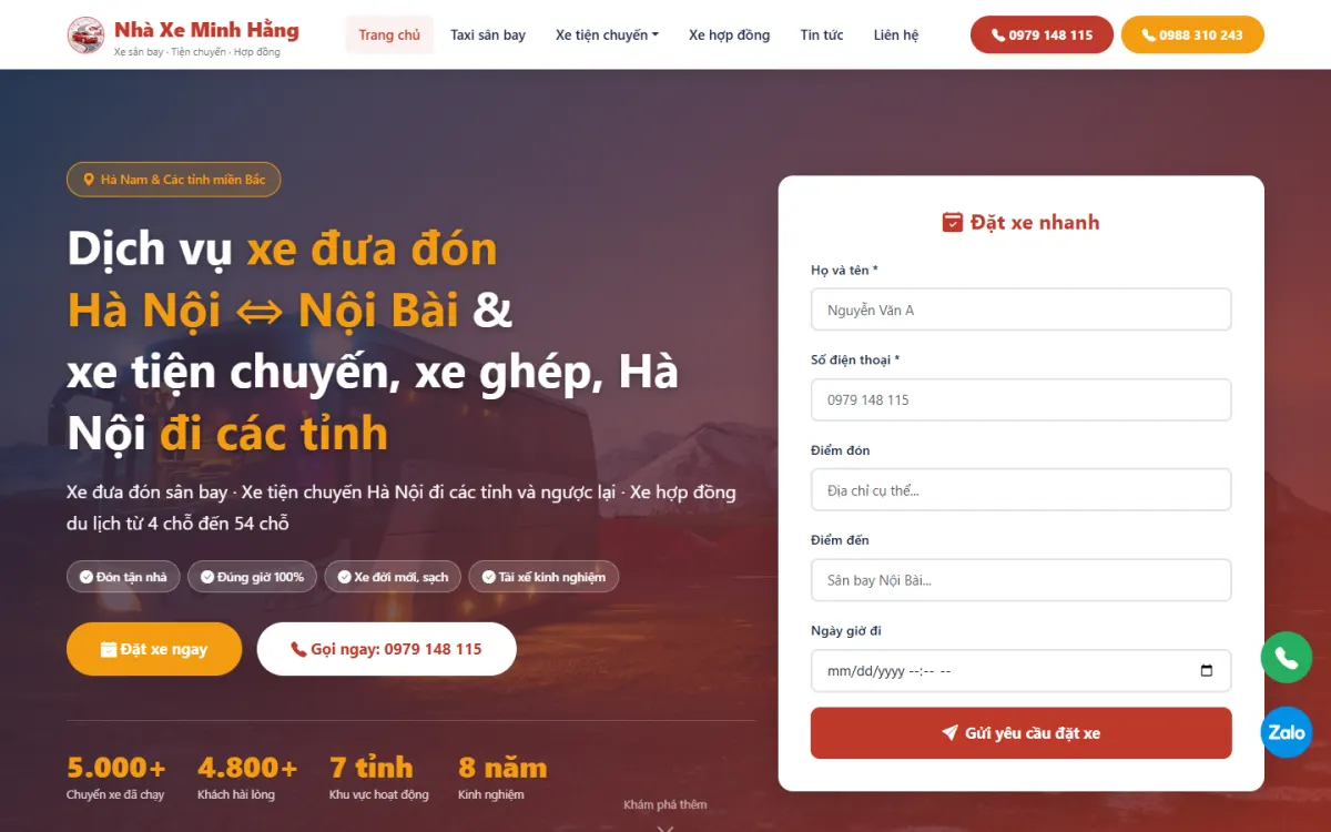 Giao diện trang chủ website Nhà Xe Minh Hằng trên máy tính
