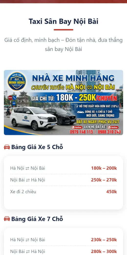 Nhà Xe Minh Hằng trên điện thoại: taxi sân bay nội bài
