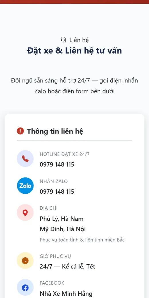 Nhà Xe Minh Hằng trên điện thoại: đặt xe và liên hệ