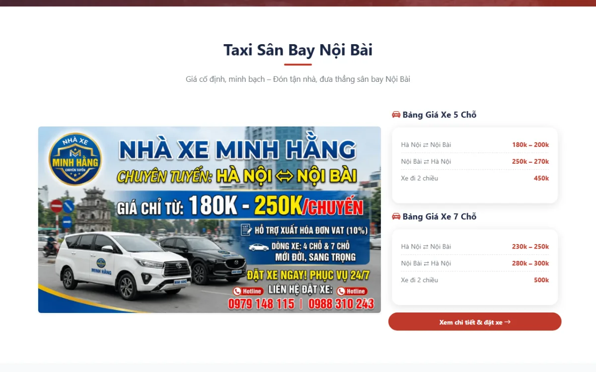 Giao diện taxi sân bay nội bài của website Nhà Xe Minh Hằng