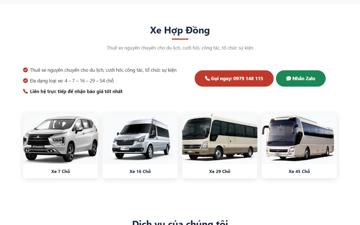 Giao diện xe hợp đồng của website Nhà Xe Minh Hằng