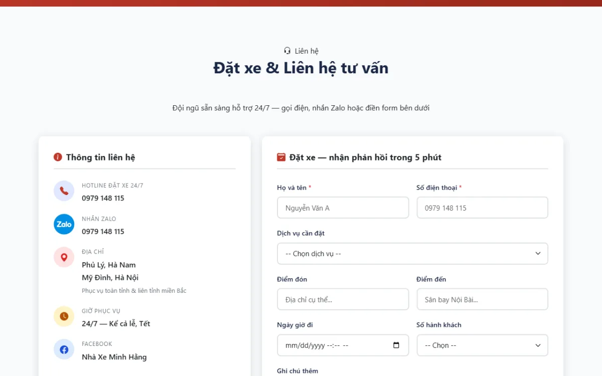 Giao diện đặt xe và liên hệ tư vấn của website Nhà Xe Minh Hằng