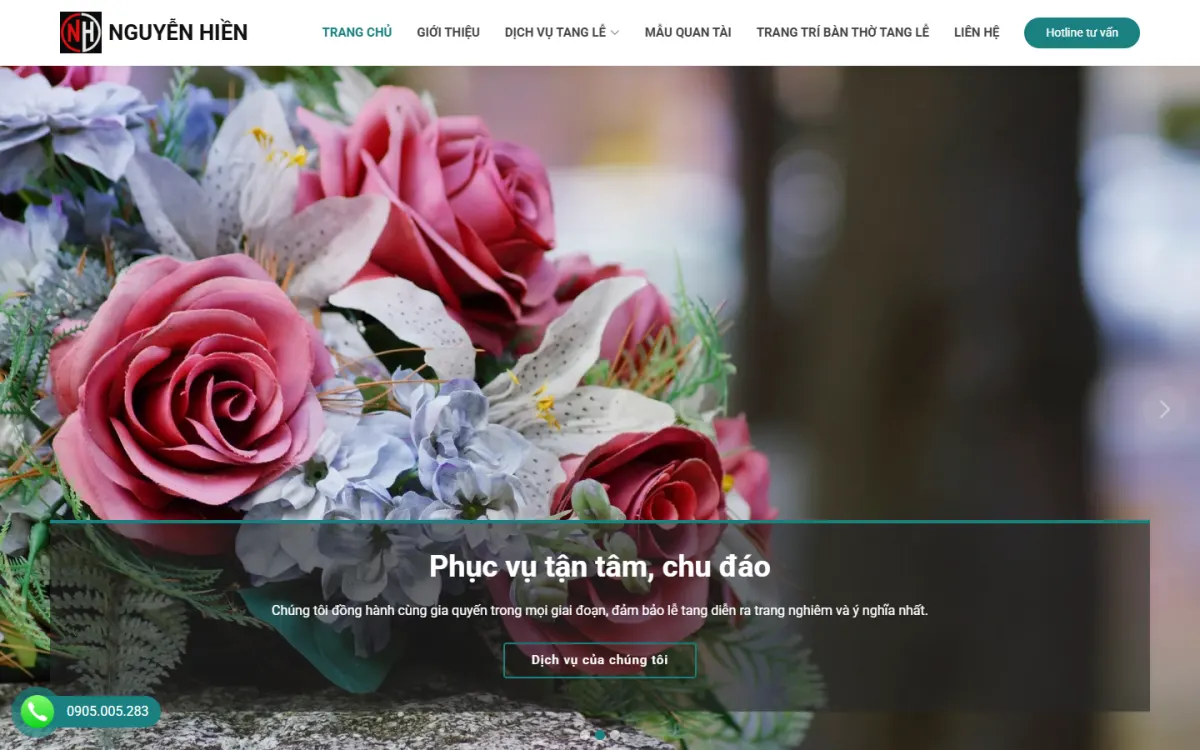 Giao diện trang chủ website Dịch vụ tang lễ Nguyễn Hiền trên máy tính