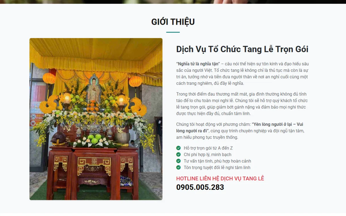 Giao diện giới thiệu dịch vụ của website Dịch vụ tang lễ Nguyễn Hiền