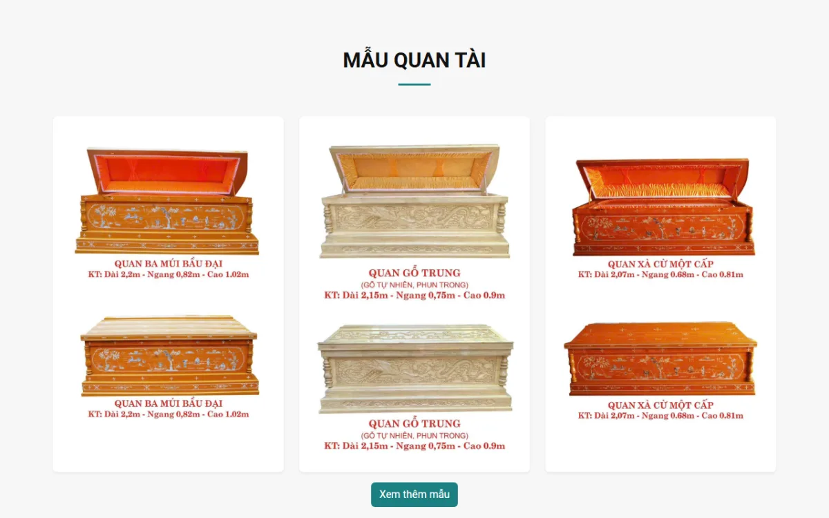 Giao diện mẫu quan tài của website Dịch vụ tang lễ Nguyễn Hiền