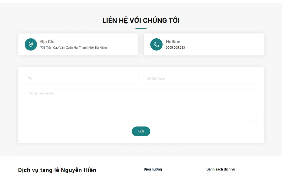 Giao diện liên hệ với chúng tôi của website Dịch vụ tang lễ Nguyễn Hiền