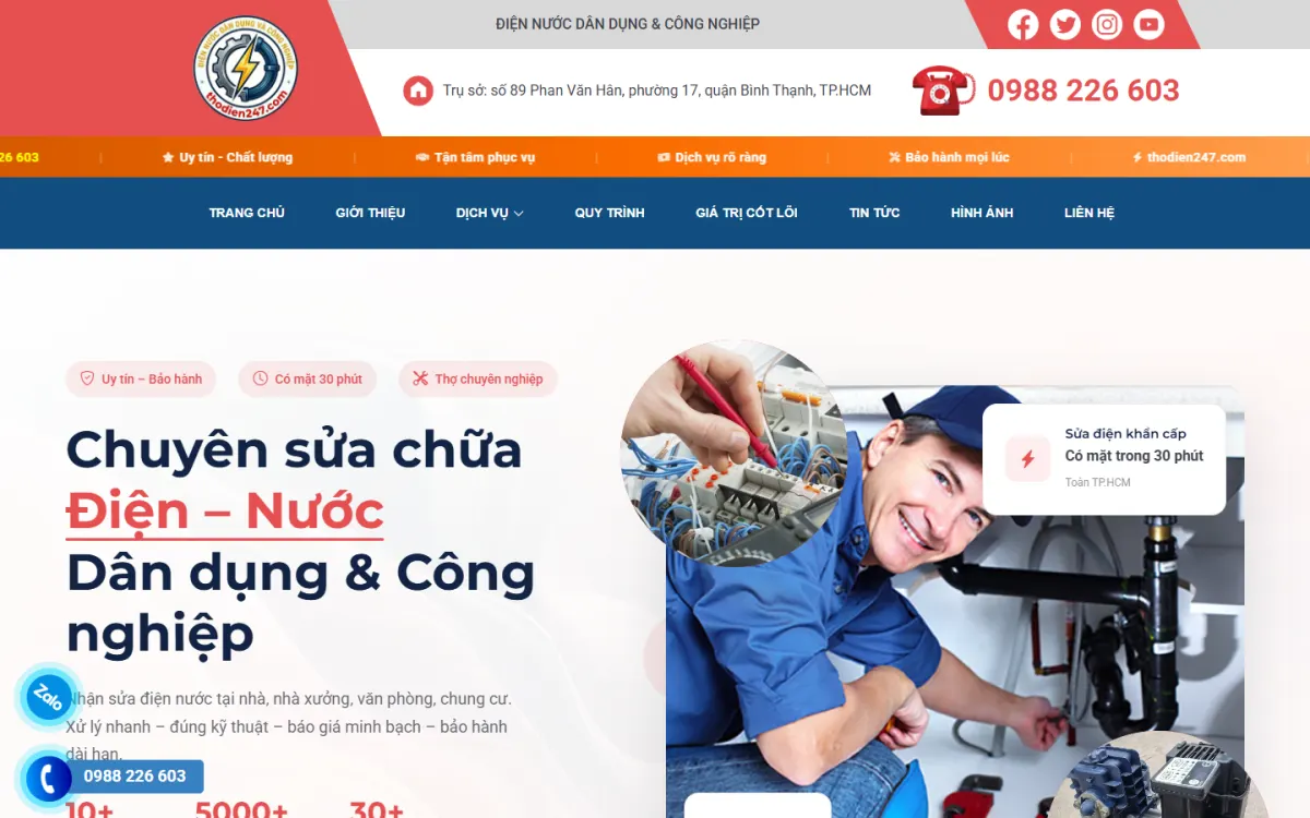 Giao diện trang chủ website Thợ Điện 247 trên máy tính