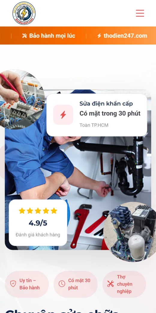 Thợ Điện 247 trên điện thoại: trang chủ