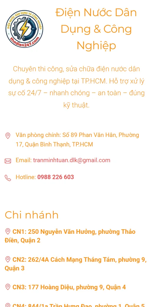 Thợ Điện 247 trên điện thoại: thông tin chi nhánh