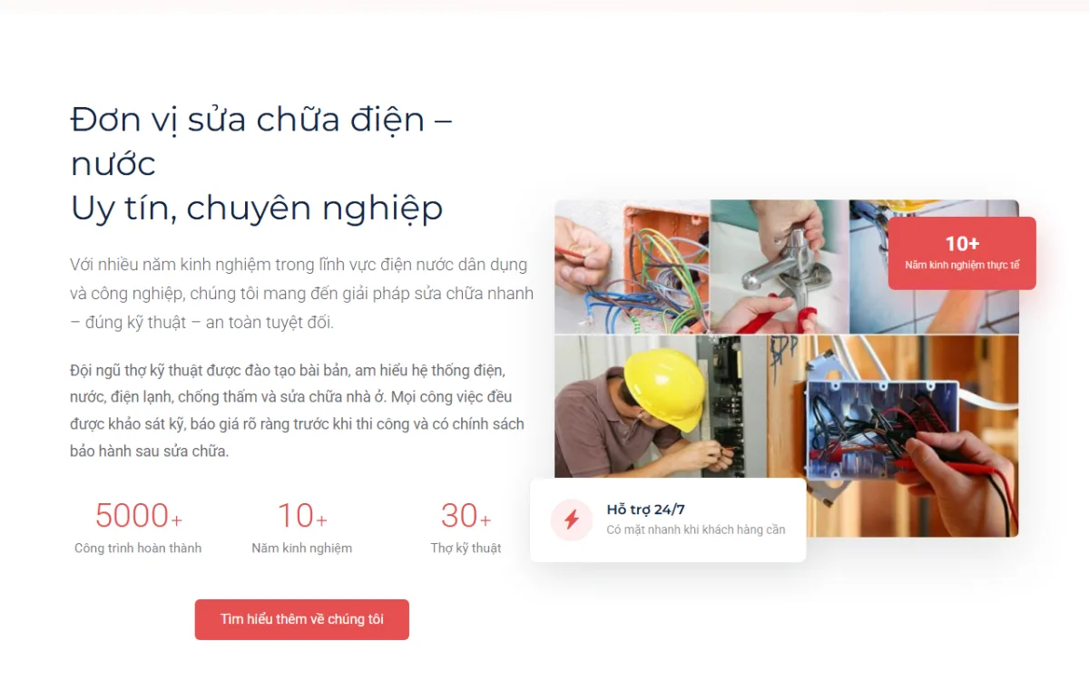 Giao diện đơn vị sửa chữa điện – nước của website Thợ Điện 247
