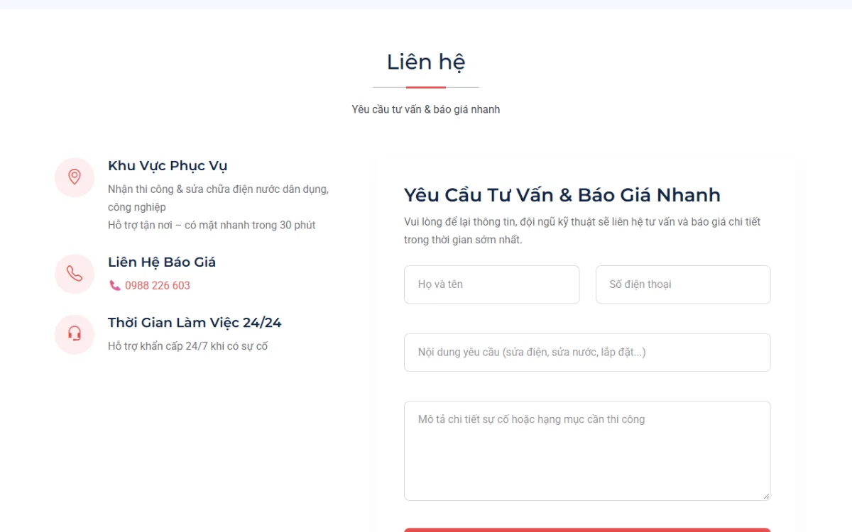Giao diện liên hệ của website Thợ Điện 247