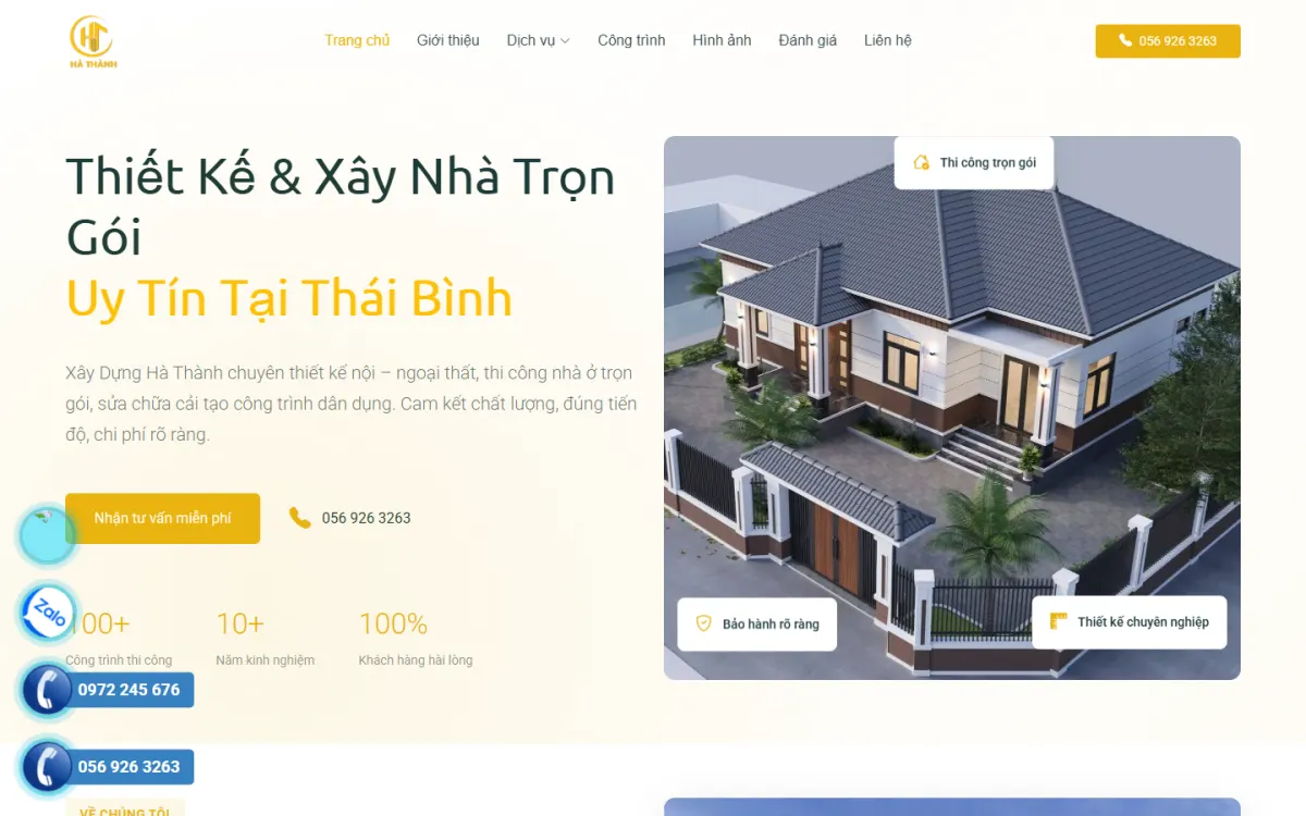 Giao diện trang chủ website Xây Dựng Hà Thành trên máy tính