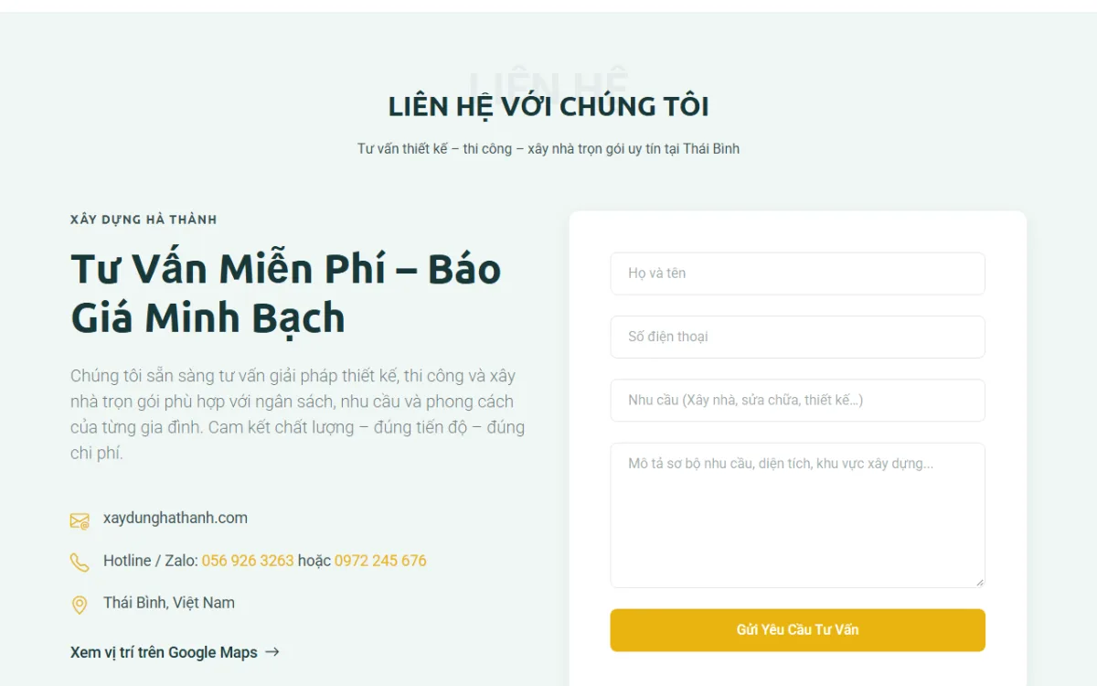 Giao diện liên hệ với chúng tôi của website Xây Dựng Hà Thành