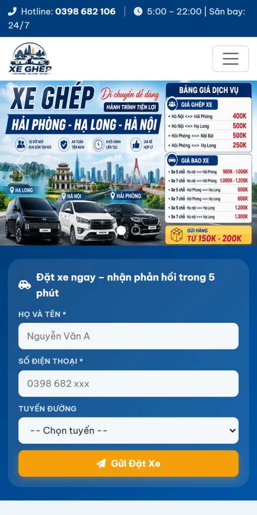 Xe ghép Hải Phòng – Hà Nội – Hạ Long trên điện thoại: trang chủ