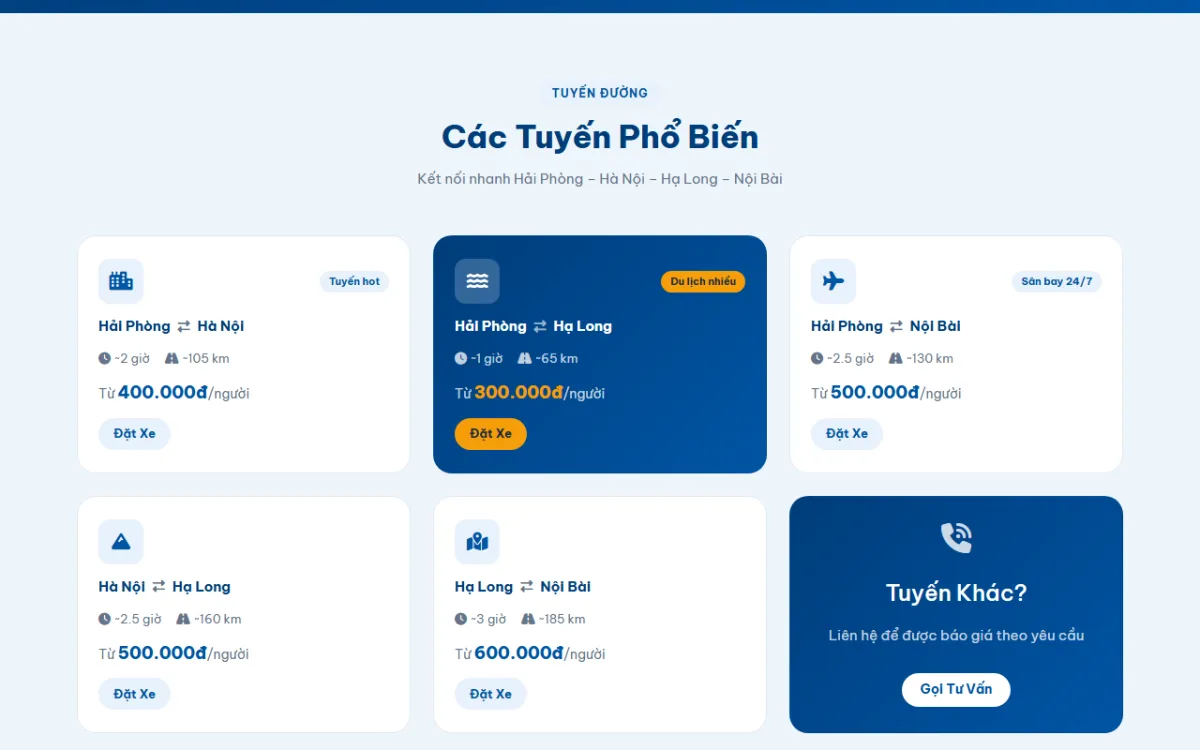 Giao diện các tuyến phổ biến của website Xe ghép Hải Phòng – Hà Nội – Hạ Long