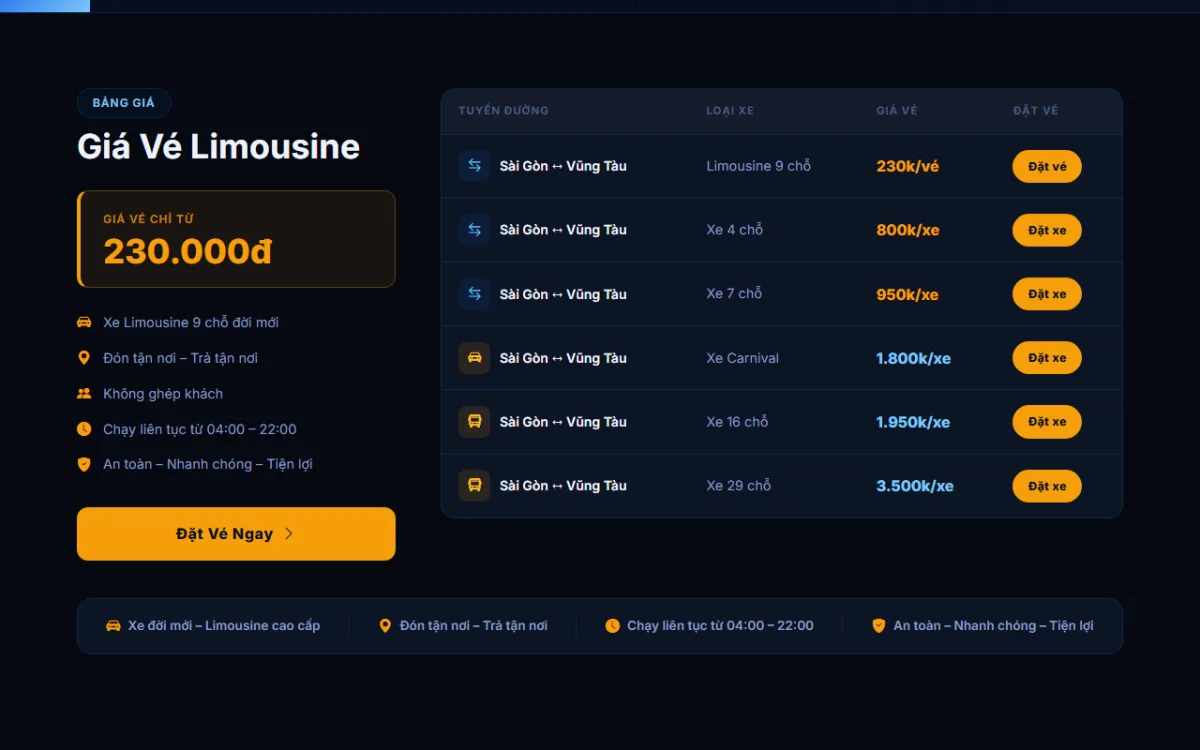 Giao diện giá vé limousine của website Xe Vũng Tàu