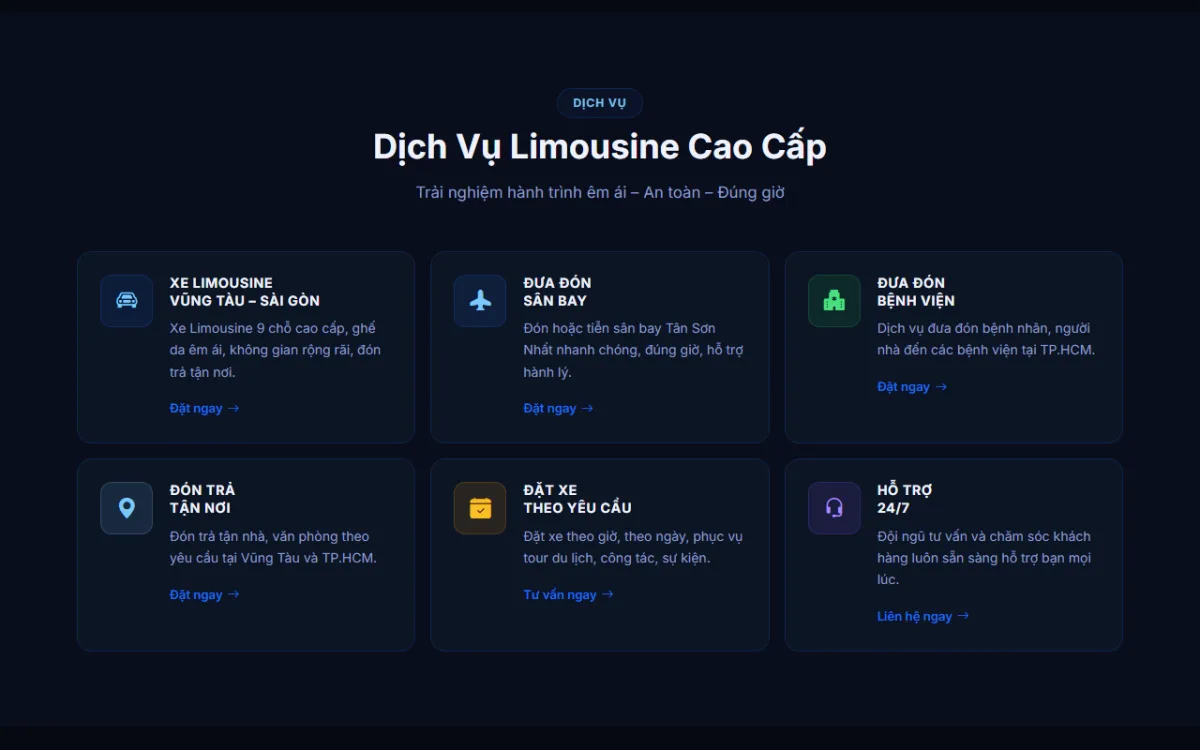 Giao diện dịch vụ limousine cao cấp của website Xe Vũng Tàu
