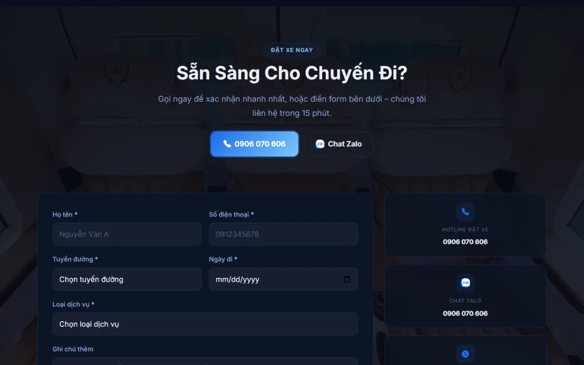 Giao diện sẵn sàng cho chuyến đi? của website Xe Vũng Tàu